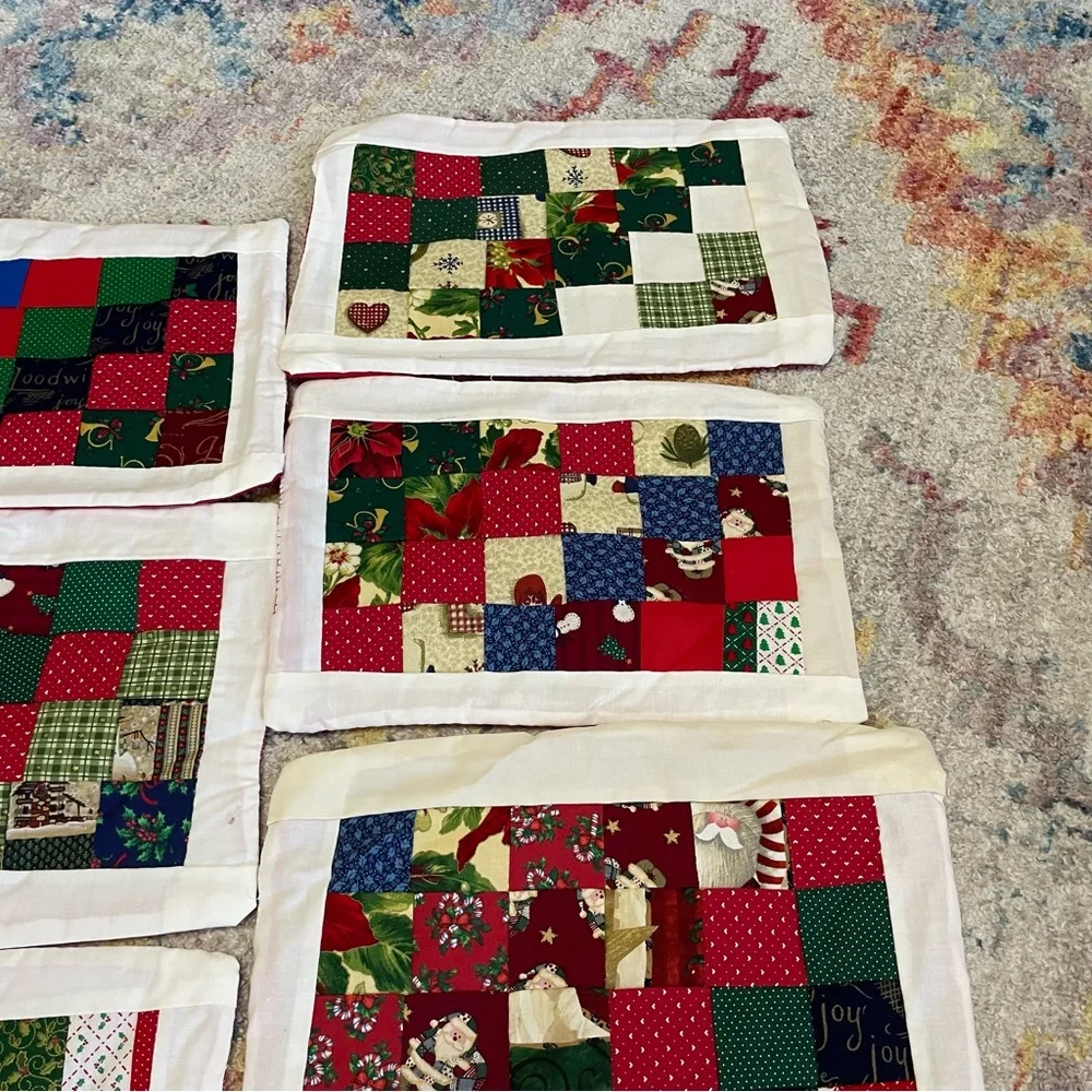 Vintage handmade holiday quilted square pattern placemats set of 8 13.5” x 10”